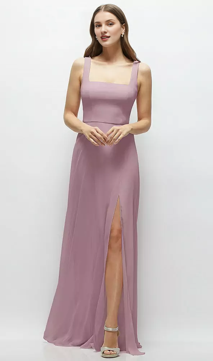 Round skirt square neck chiffon extra long bridesmaid dress