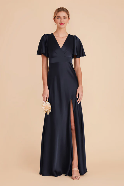 A-line V-neck cross ruffle sleeves satin slit bridesmaid dress