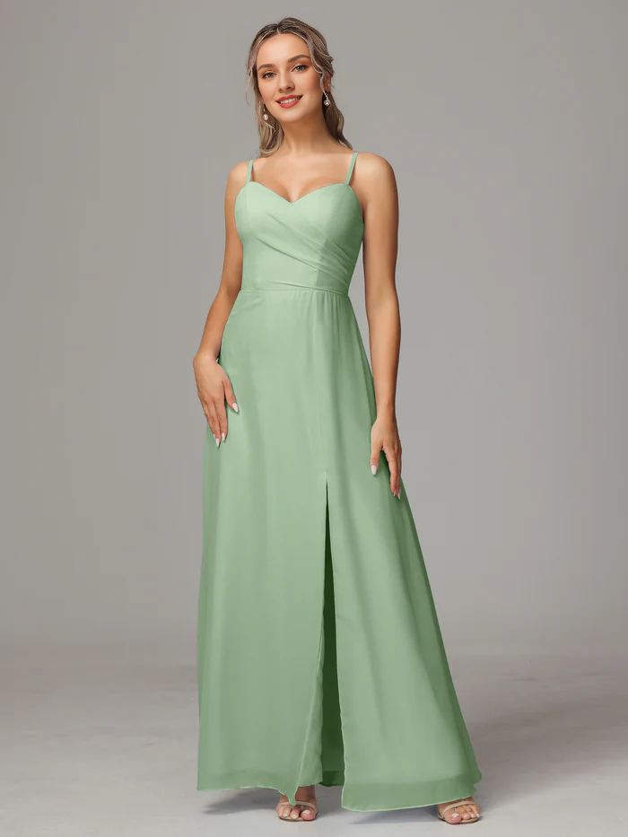 Thin shoulder strap sweetheart chiffon slit bridesmaid dress