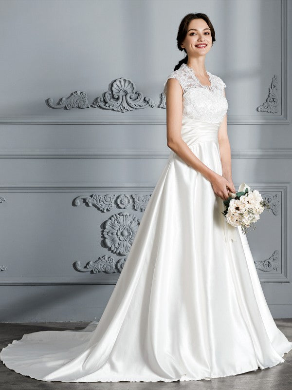 Ball Gown V-neck Sleeveless Court Train Satin Wedding Dresses