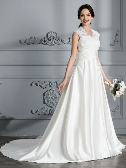 Ball Gown V-neck Sleeveless Court Train Satin Wedding Dresses