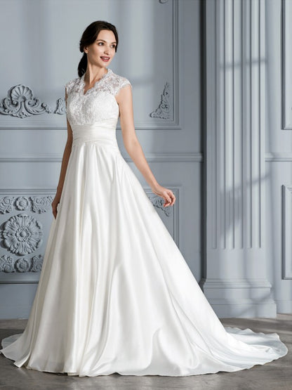 Ball Gown V-neck Sleeveless Court Train Satin Wedding Dresses