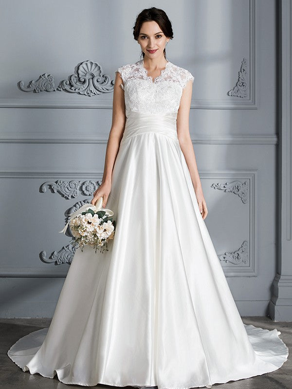 Ball Gown V-neck Sleeveless Court Train Satin Wedding Dresses