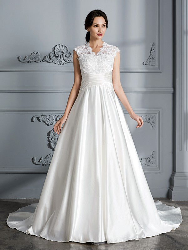 Ball Gown V-neck Sleeveless Court Train Satin Wedding Dresses