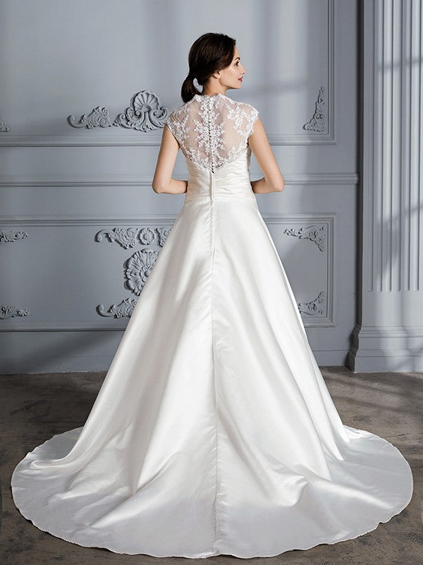 Ball Gown V-neck Sleeveless Court Train Satin Wedding Dresses