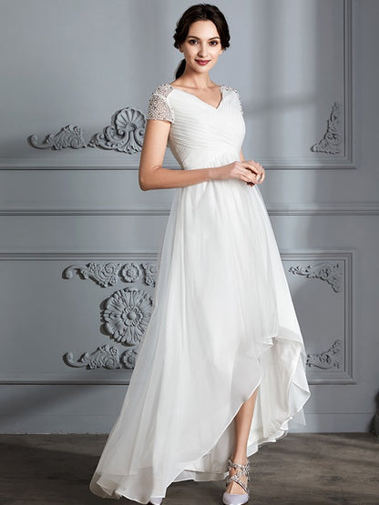 A-Line/Princess V-neck Short Sleeves Asymmetrical Tulle Wedding Dresses