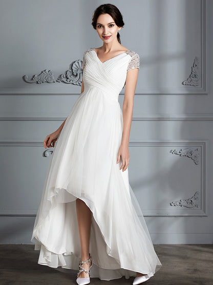 A-Line/Princess V-neck Short Sleeves Asymmetrical Tulle Wedding Dresses