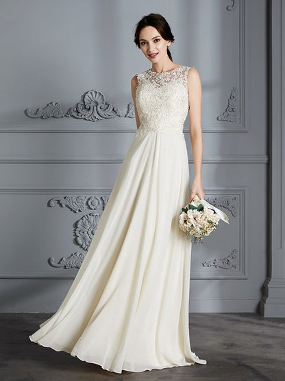 A-Line/Princess Scoop Chiffon Sleeveless Floor-Length Wedding Dresses