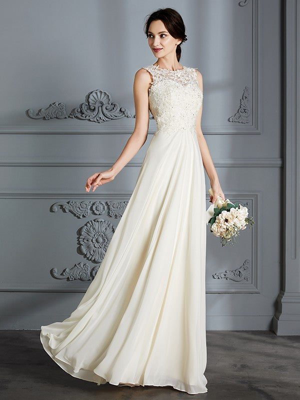 A-Line/Princess Scoop Chiffon Sleeveless Floor-Length Wedding Dresses