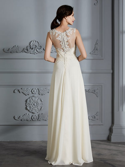 A-Line/Princess Scoop Chiffon Sleeveless Floor-Length Wedding Dresses