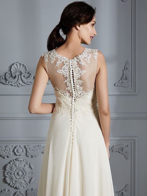 A-Line/Princess Scoop Chiffon Sleeveless Floor-Length Wedding Dresses