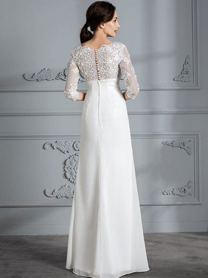 Sheath/Column V-neck 3/4 Sleeves Chiffon Floor-Length Wedding Dresses