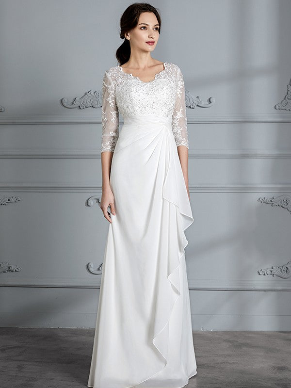 Sheath/Column V-neck 3/4 Sleeves Chiffon Floor-Length Wedding Dresses