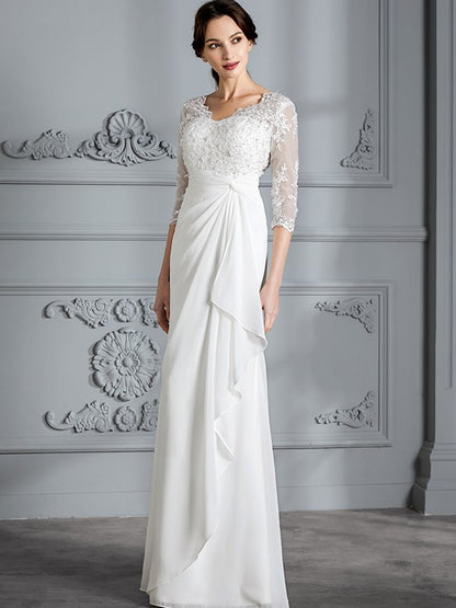 Sheath/Column V-neck 3/4 Sleeves Chiffon Floor-Length Wedding Dresses