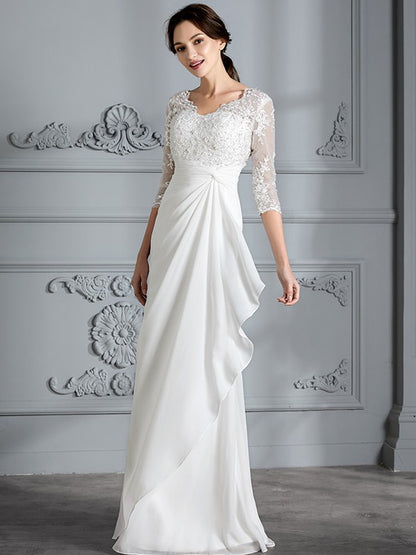 Sheath/Column V-neck 3/4 Sleeves Chiffon Floor-Length Wedding Dresses