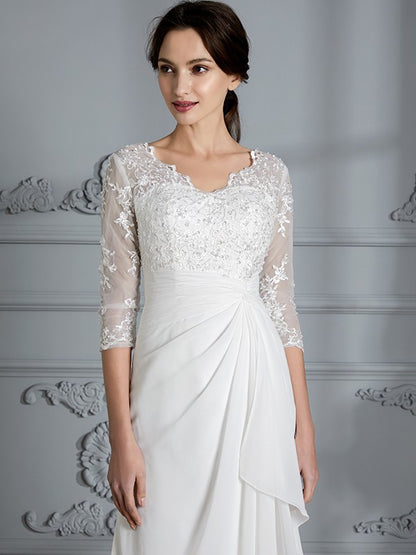 Sheath/Column V-neck 3/4 Sleeves Chiffon Floor-Length Wedding Dresses