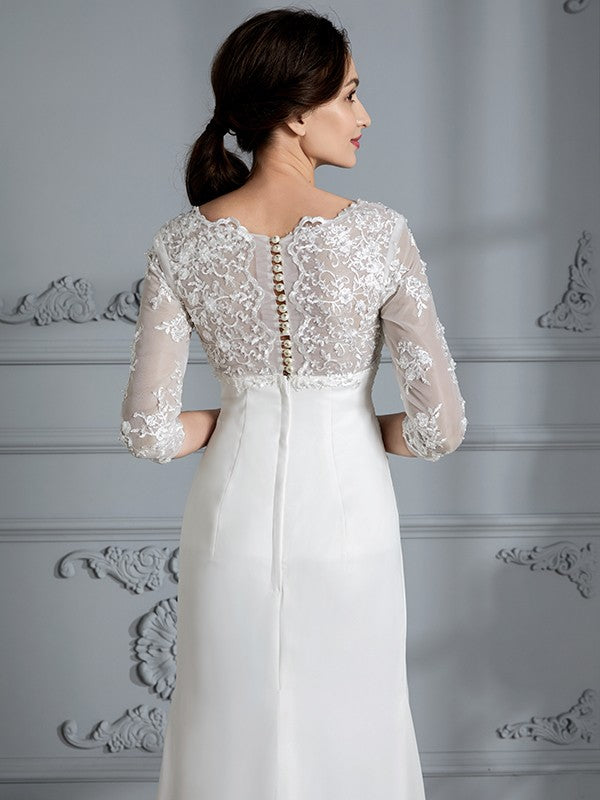 Sheath/Column V-neck 3/4 Sleeves Chiffon Floor-Length Wedding Dresses