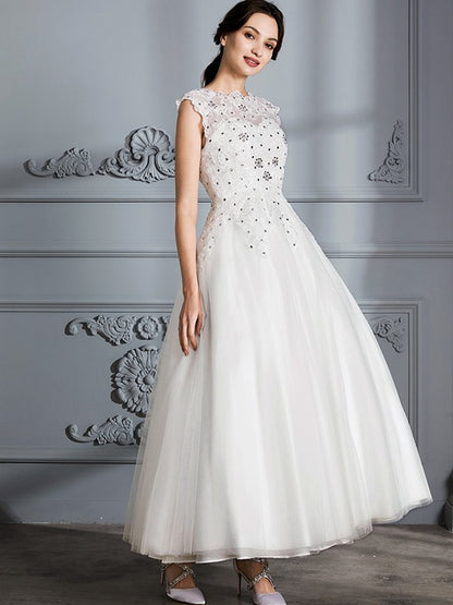 Ball Gown Scoop Sleeveless Tea-Length Tulle Wedding Dresses