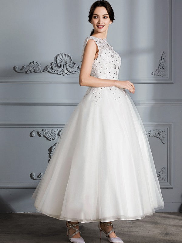 Ball Gown Scoop Sleeveless Tea-Length Tulle Wedding Dresses