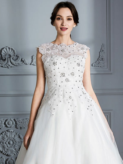 Ball Gown Scoop Sleeveless Tea-Length Tulle Wedding Dresses