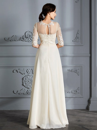 A-Line/Princess Scoop 1/2 Sleeves Floor-Length Chiffon Wedding Dresses