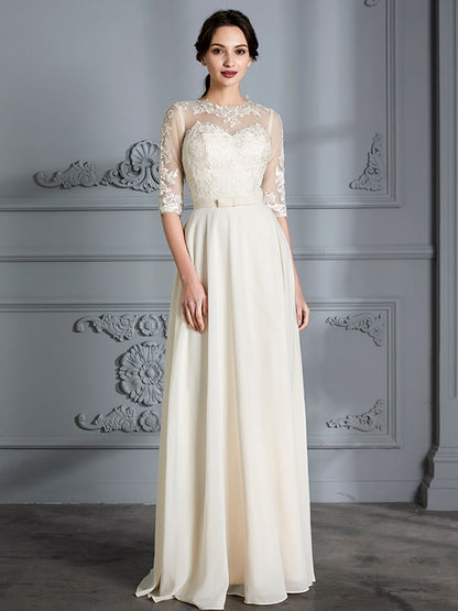 A-Line/Princess Scoop 1/2 Sleeves Floor-Length Chiffon Wedding Dresses