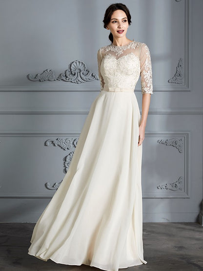 A-Line/Princess Scoop 1/2 Sleeves Floor-Length Chiffon Wedding Dresses