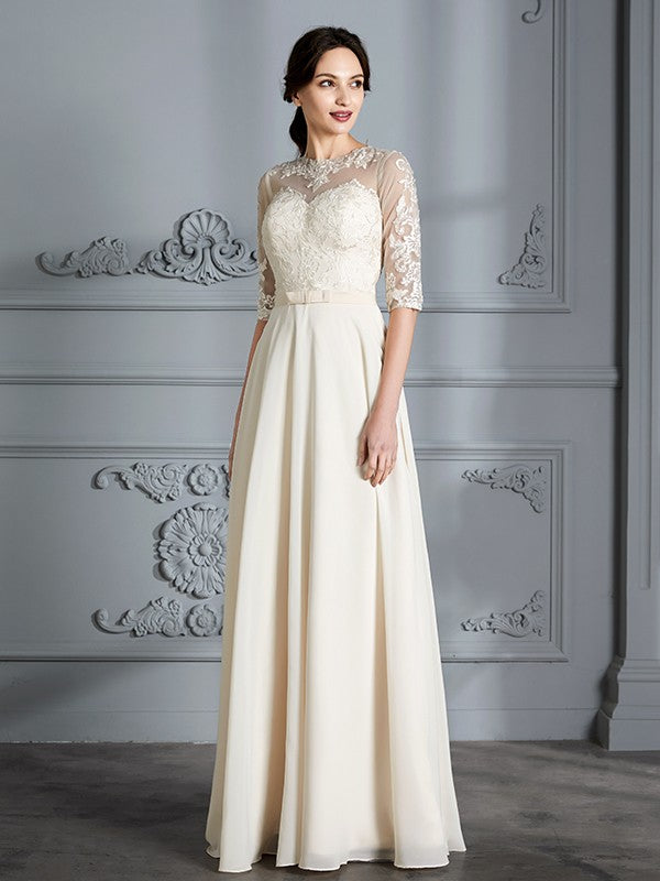 A-Line/Princess Scoop 1/2 Sleeves Floor-Length Chiffon Wedding Dresses