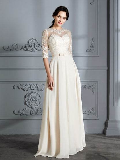 A-Line/Princess Scoop 1/2 Sleeves Floor-Length Chiffon Wedding Dresses