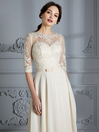 A-Line/Princess Scoop 1/2 Sleeves Floor-Length Chiffon Wedding Dresses