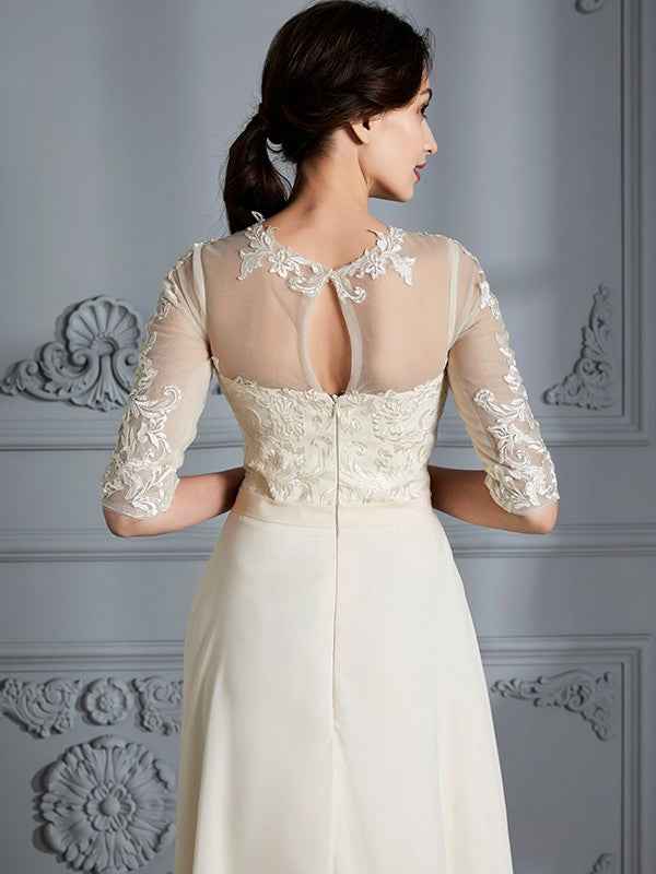 A-Line/Princess Scoop 1/2 Sleeves Floor-Length Chiffon Wedding Dresses