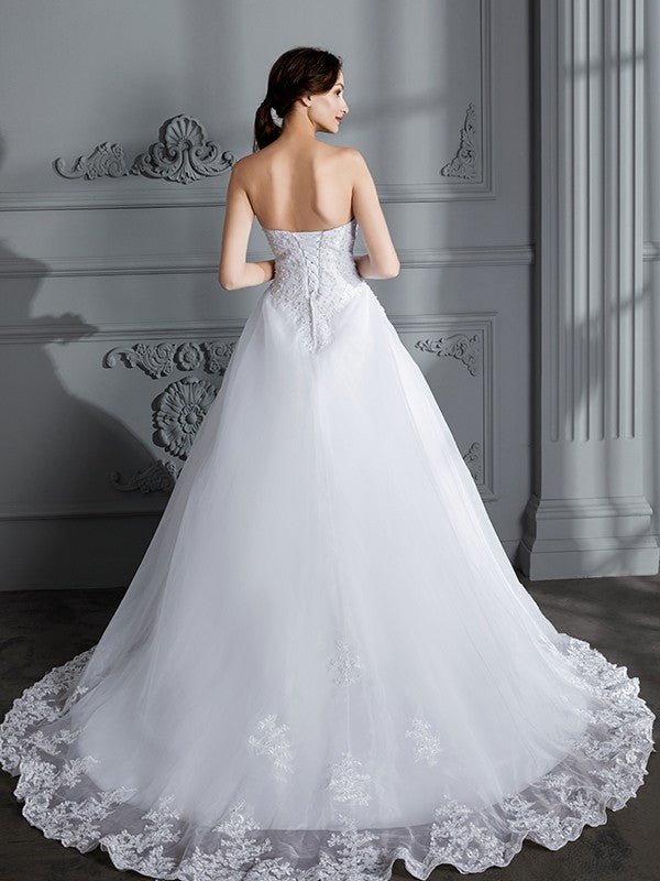 Ball Gown Strapless Sleeveless Court Train Organza Wedding Dresses