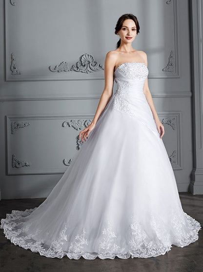 Ball Gown Strapless Sleeveless Court Train Organza Wedding Dresses