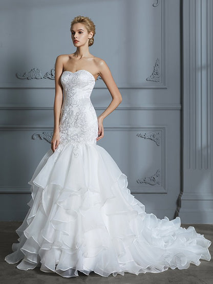 Trumpet/Mermaid Sweetheart Sleeveless Ruffles Sweep/Brush Train Organza Wedding Dresses