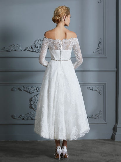 A-Line/Princess Long Sleeves Off-the-Shoulder Asymmetrical Lace Wedding Dresses