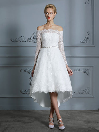 A-Line/Princess Long Sleeves Off-the-Shoulder Asymmetrical Lace Wedding Dresses