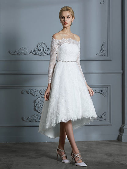 A-Line/Princess Long Sleeves Off-the-Shoulder Asymmetrical Lace Wedding Dresses