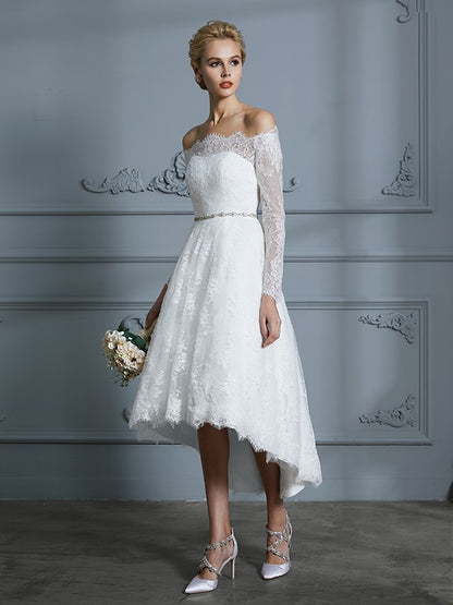 A-Line/Princess Long Sleeves Off-the-Shoulder Asymmetrical Lace Wedding Dresses