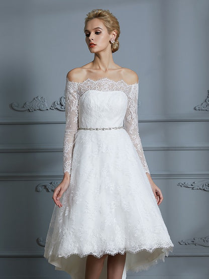 A-Line/Princess Long Sleeves Off-the-Shoulder Asymmetrical Lace Wedding Dresses