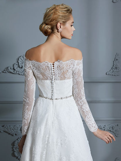 A-Line/Princess Long Sleeves Off-the-Shoulder Asymmetrical Lace Wedding Dresses