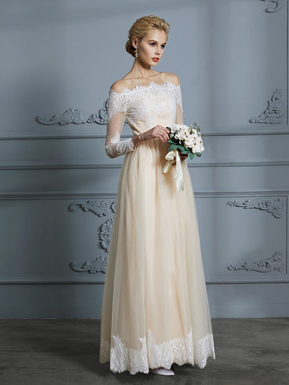 A-Line/Princess Off-the-Shoulder Long Sleeves Floor-Length Lace Tulle Wedding Dresses