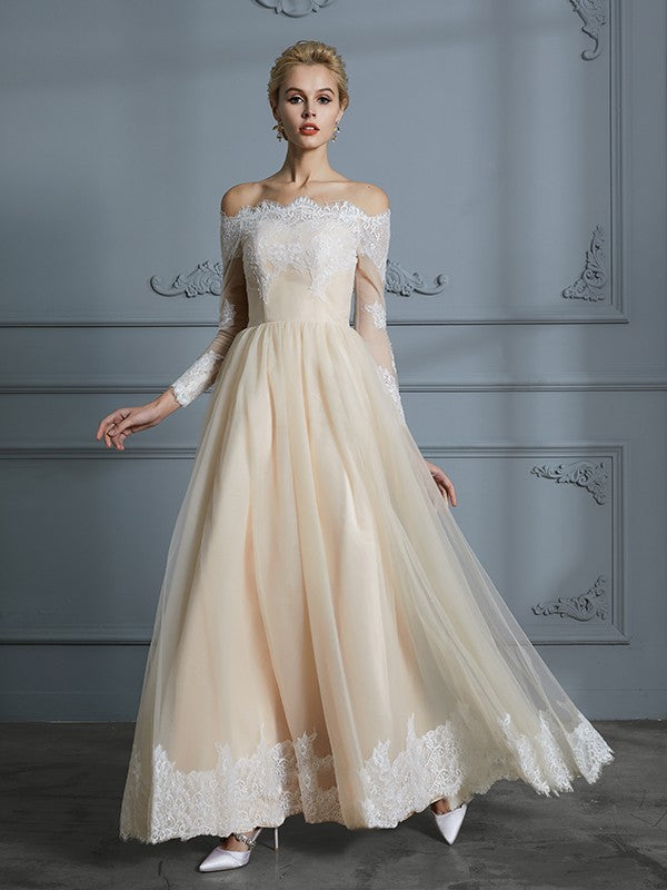 A-Line/Princess Off-the-Shoulder Long Sleeves Floor-Length Lace Tulle Wedding Dresses