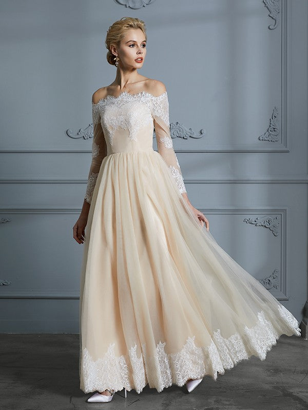 A-Line/Princess Off-the-Shoulder Long Sleeves Floor-Length Lace Tulle Wedding Dresses