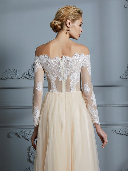 A-Line/Princess Off-the-Shoulder Long Sleeves Floor-Length Lace Tulle Wedding Dresses