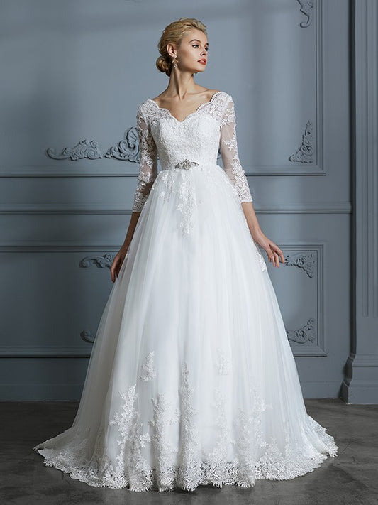 Ball Gown V-neck 3/4 Sleeves Court Train Lace Tulle Wedding Dresses