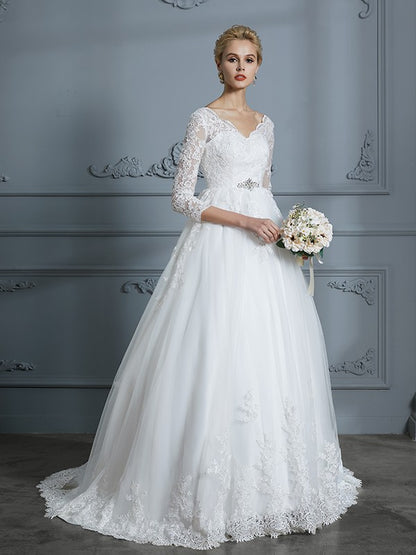 Ball Gown V-neck 3/4 Sleeves Court Train Lace Tulle Wedding Dresses