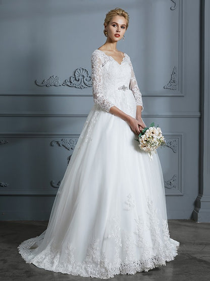 Ball Gown V-neck 3/4 Sleeves Court Train Lace Tulle Wedding Dresses