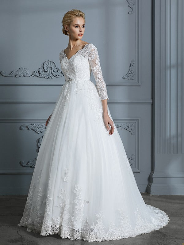 Ball Gown V-neck 3/4 Sleeves Court Train Lace Tulle Wedding Dresses