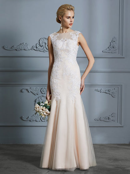 Trumpet/Mermaid Scoop Sleeveless Tulle Applique Floor-Length Wedding Dresses