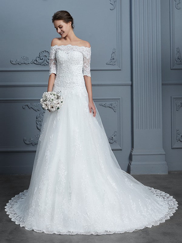 Ball Gown Off-the-Shoulder 1/2 Sleeves Beading Court Train Lace Wedding Dresses